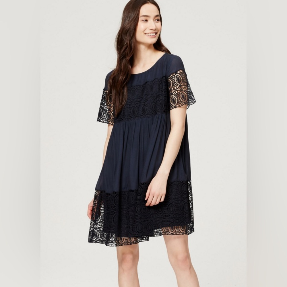 LOFT Ann Taylor Navy Eyelet Short Sleeve Baby Doll Dress